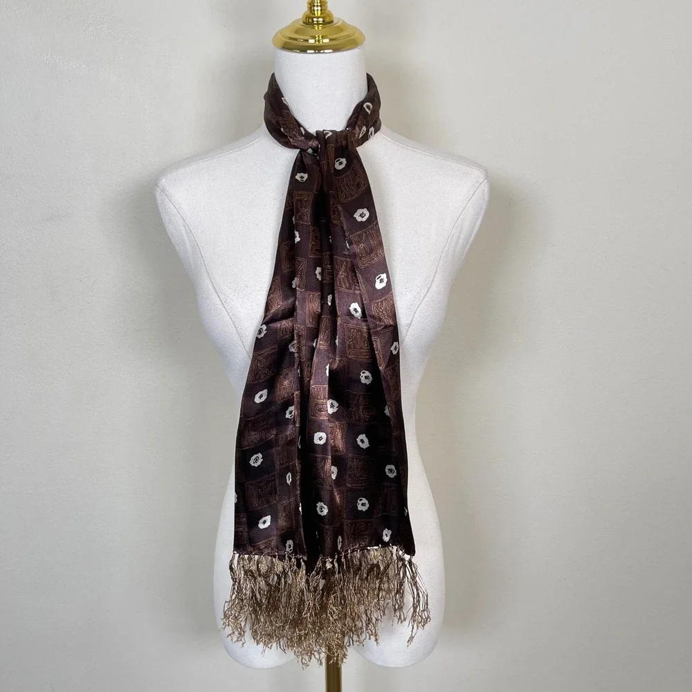 Vintage Silk Scarf Floral‎ Fringe Brown Satin Patterned Tiki 60s 70s Boho Mod